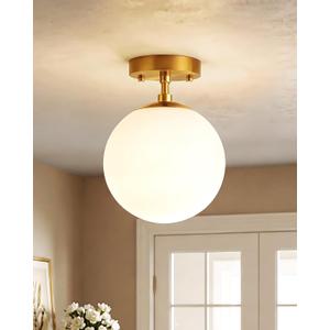 Majade Semi Flush Mount Ceiling Light 6" Globe Mid Century Modern Light Fixture Milk Glass with Gold Brass Finish Light Fixtures for Hallway Entryway Kitchen Island Closet Laundry Bathroom(2 Pack)