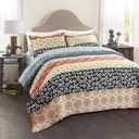 Lush Decor Bohemian Stripe Reversible Cotton Quilt Set, 3 Piece Set, Full/ Queen, Turquoise & Orange -Striped Bedding Set - Blue Quilts Queen Size - Boho Decor