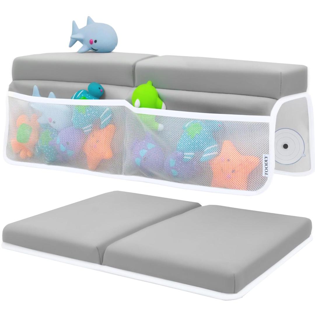 Comfortable Baby Bath Kneeler and Elbow Rest Pad Set  Thick Memory Foam Bath Kneeling Pad with Elbow Support  Baby Bathtub Cushion with Toy Organizer for Bathing Infant or Toddler - Grey