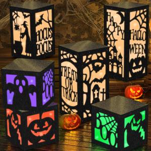 OuMuaMua 6 Pcs Halloween Table Decorations Indoor Halloween Table Centerpieces Boxes, Light up Paper Pumpkin Lanterns with Witch Spider Ghost Patterns for Spooky Party Supplies Home Decor (Black)