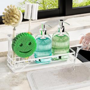 galasily Sink Caddy Organizer with Water Absorbing Stone Tray, Instant Dry Sponge Holder Smiley Face, Dish Brush Holder for Countertop, Kitchen Storage Accessories and Organization Essentials (White)