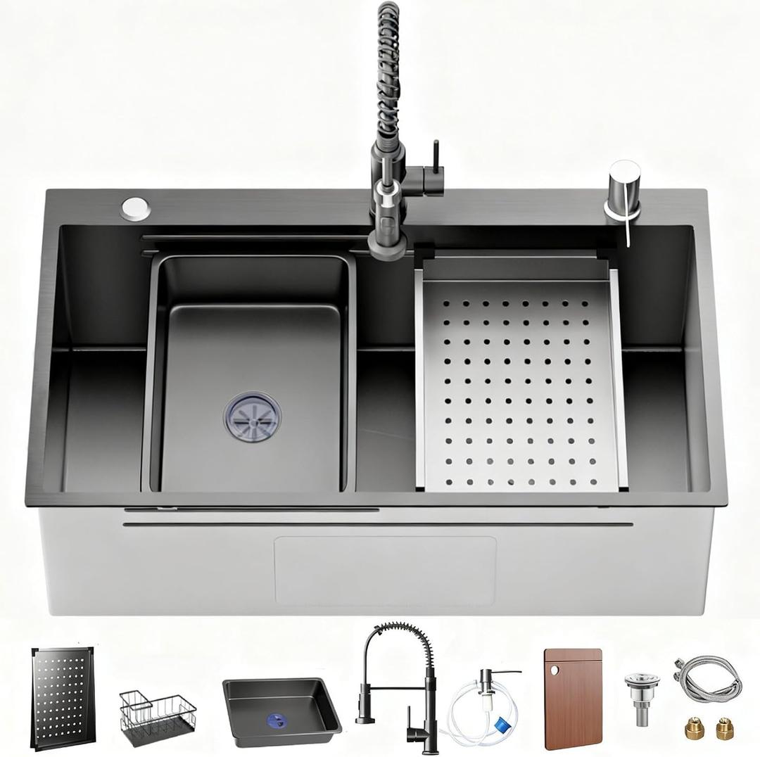 Stainless Steel Kitchen Sink with Faucet: 30-Inch Drop In Single Bowl Farmhouse Workstation Sink - Noise Reducing Design & Accessories Included (Black, 3018)