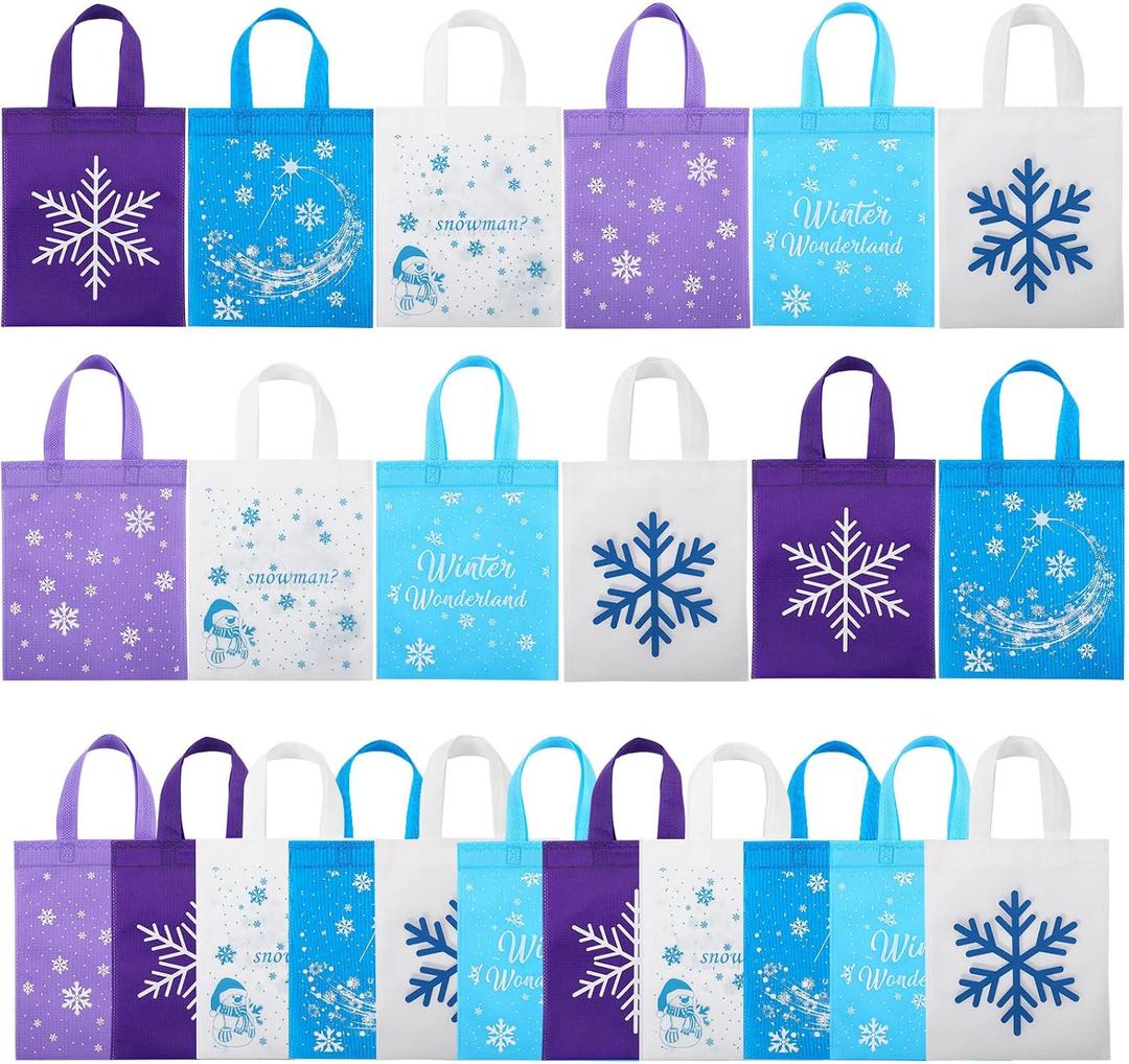 Svee 24 Pcs Nonwoven Snowflake Goodie Bags Winter Christmas Party Favors Gifts Reusable Bags Birthday Blue White Candy Treat Packings with Double Printed Party Supplies