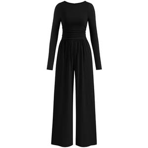 PRETTYGARDEN One Piece Jumpsuits for Women Dressy Casual Long Sleeve Crewneck Wide Leg Romper Overalls Fall Outfits 2026, L