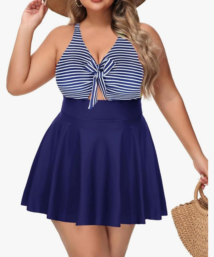 Womens Plus Size One Piece Swimsuit with Skirt V Neck Cutout Flowy Swim Dress Tummy Control Bathing Suit 24W