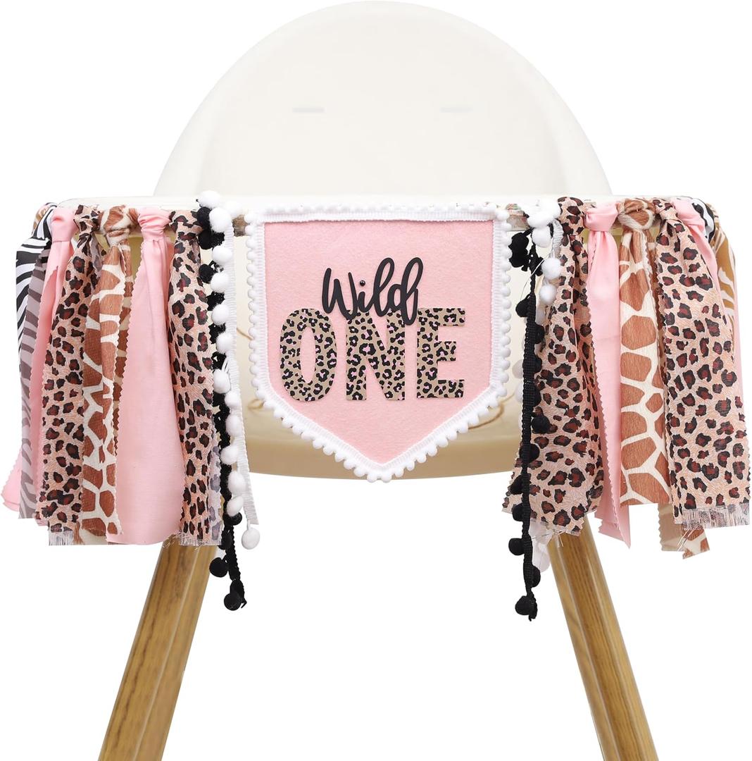 Girls Leopard Print High Chair Banner - Wild One High Chair Decors, Pink Jungle Party Cheetah ONE Year Birthday Decorations, Girls First Year Animal Banners