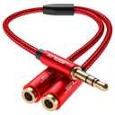 JSAUX Headphone Splitter 3.5mm, Audio Splitter 2 Female to 1 Male, Dual Headphone Adapter Compatible with PS4, PS5, Xbox, Nintendo Switch, PC Gaming Headsets, Phone, Tablet, Laptop and More-Red (0.9ft)