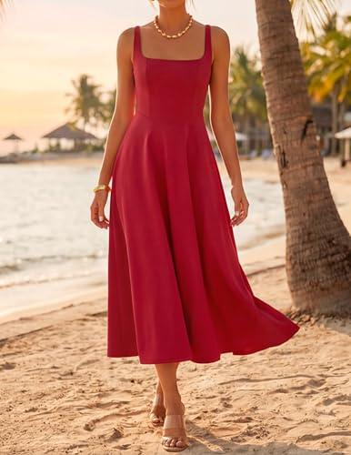 ZESICA Women's Summer Elegant Sleeveless Midi Dresses 2026 Wedding Guest Cocktail Party Crewnenck Flowy A Line Long Dress Red Small