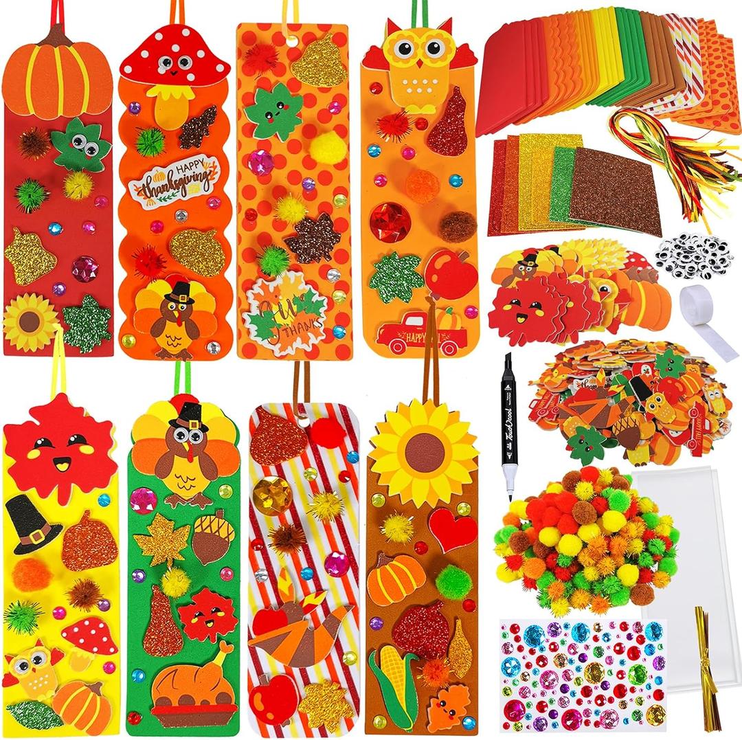 Winlyn 32 Sets Fall Crafts Kits DIY Fall Bookmarks Decorations Art Sets Maple Leaves Smile Face Owl Turkey Pumpkins Foam Stickers Arts and Crafts for Kids Thanksgiving Halloween Classroom Activities