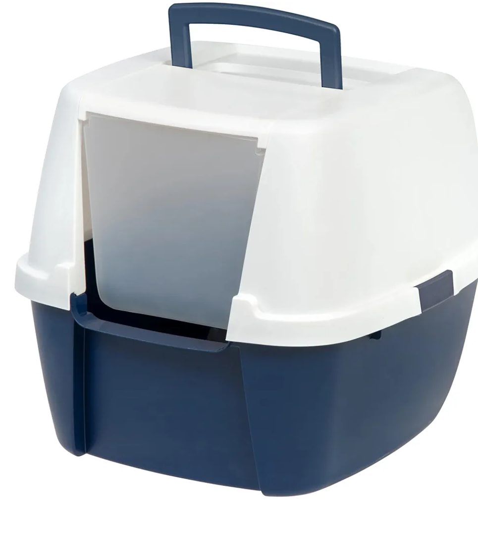 Large Covered Cat Litter Box with Front Door Flap | Enclosed Design & Handle Blue/White, Kitty Litter Box for indoor cats