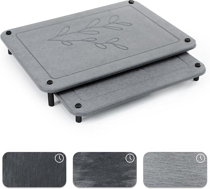 2 PCs Nesting Stone Dish Drying Mats for Kitchen Counter - Absorbent Quick Drying Diatomaceous Earth Stone Drying Mat with Non-Slip Feet - Heat Resistant & Odorless Dish Drying Stone Mat - Dark Gray