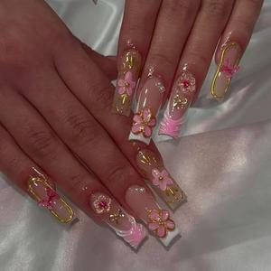 Flower Press on Nails Square Shape Long Fake Nails 3d Design Nails 13pcs