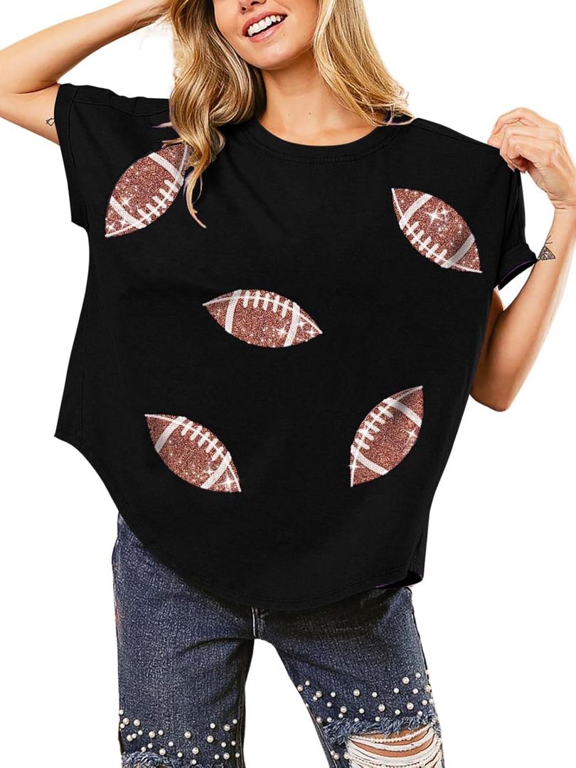 Womens Sparkle Football Sequin Rugby Tee Game Day Pullover T-Shirt Crewneck Oversized Short Sleeve Washed Tops (Small, Black)
