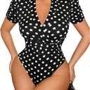SHENHE Women's Polka Dots Wrap V Neck Body Suits Tops Puff Short Sleeve Date Night Elegant Bodysuits (M)