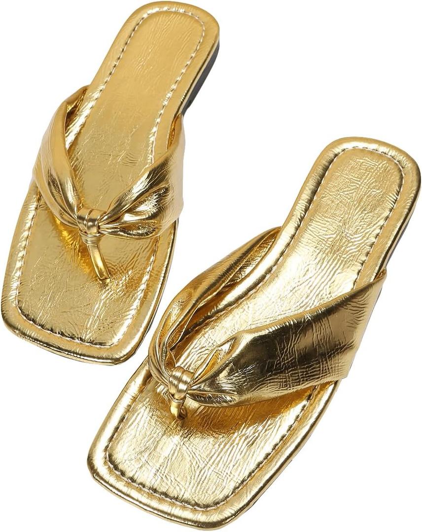 GORGLITTER Women's Flip Flops Flat Sandals Dressy Metallic Square Toe Thong Vacation Summer Weeding Slides Sandals (10.5, Gold)
