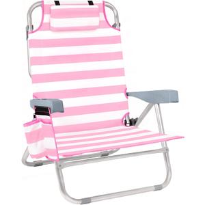 Beach Chair for Adults, 5 Position Lay Flat Backpack Beach Chair with Cooler, Cup Holder and Storage Bag, Portable Folding Heavy Duty Beach Lounger for Outdoor, Lawn, Camping, Festivals-Pink Stripe, Small