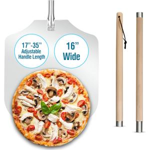Pizza Peel 16 inch,16" Wx 18" L, Extra Large Metal Pizza Peel 16 inch, Aluminum pizza peel with Detachable Wooden Handle, 2 Handle Sizes (17 inch & 35 inch)