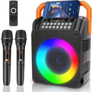 Karaoke Machine with 2 Wireless Microphones, Portable Bluetooth Karaoke Speaker for Adults & Kids with Strobe Lights, Karaoke Microphone with PA System Supports TWS/USB/TF/REC/FM/AUX (Black)