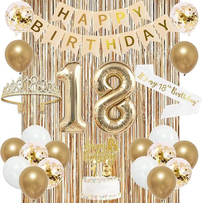 Trgowaul Happy 18th Birthday Decorations for Girls, Banner, Sash and Crown, Cake Topper, 18 Number Balloon, Fringe Curtains, Champagne Gold 18th Birthday Party Supplies