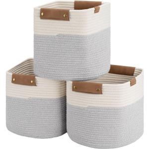 StorageWorks 11x11x11 Woven Baskets - 3 Pack, Cotton Rope Baskets with Leather Handles, White & Grey - Cube Storage Organizer for Bedroom, Nursery Room, Living Room