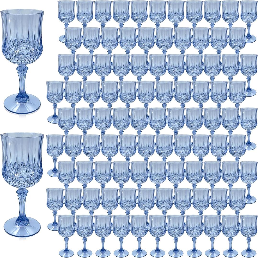 Plastic Wine Glasses, Plastic Goblets Vintage Style Cordial Unbreakable Drinking Glasses, Reusable Drinkware for Wedding Reception, Grand Event Party Supplies (100, Blue), 7oz