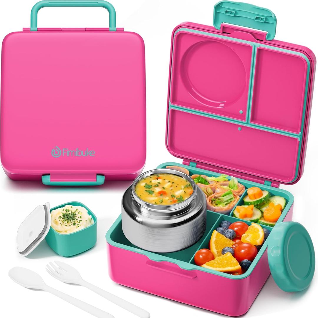Fimibuke Bento Lunch Box for Kids Adult, 3-4 Compartment 60OZ Toddler Lunch Box Container with Leakproof 8OZ Insulated Food Jar, Sauce Jar, Utensil for School Boys Girls, BPA-Free Dishwasher Safe (B11.Fuchsia & Teal)