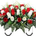 Artificial Cemetery Flower Headstone Flower Saddle Grave Rose Flowers for Cemetery Non-Bleed Colors Windpoof (Red)