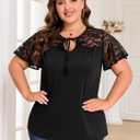 ZNU Women' s Plus Size Summer Tops Elegant Tie Front Bow Knot Round Neck Lace Ruffle Short Sleeves T-Shirts Tee Blouse (Black, XXL)