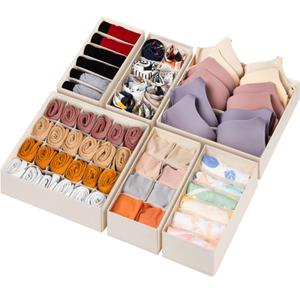 Criusia 6 Pack Sock Underwear Drawer Organizer Dividers, 58 Cell Foldable Fabric Dresser Closet Organizers and Storage Bins for Clothing, Baby Clothes, Bra, Panty, Scarf, Ties (Beige)