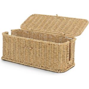 Wicker Storage Basket With Lid, Toilet Paper Basket For Toilet Tank, Pads And Tampon Holder For Bathroom, Rectangular Woven Kitchen Organizer, Home Decorative Storage Box (light brown)
