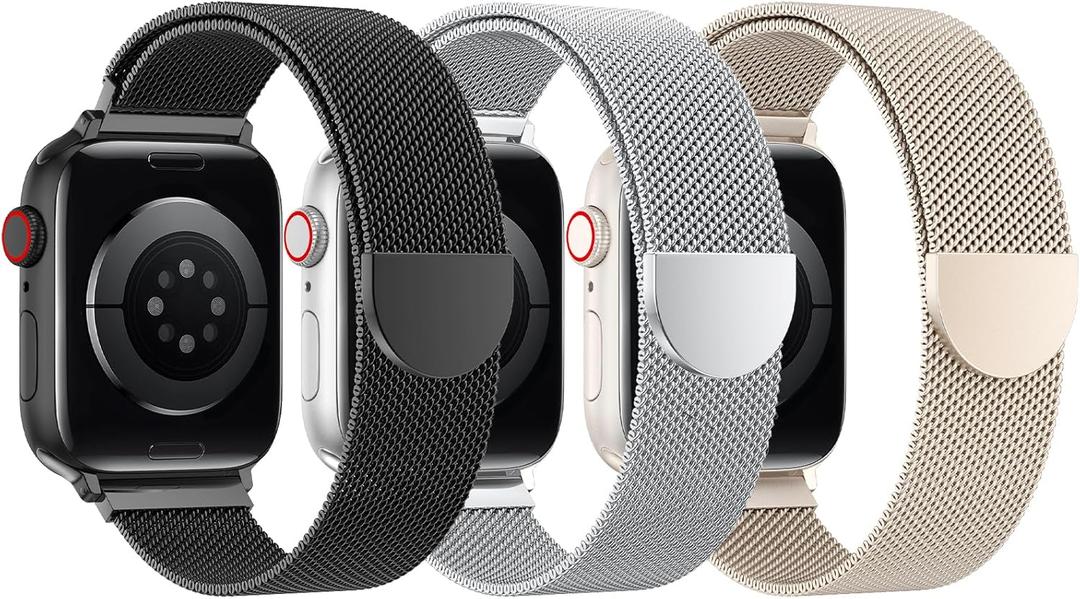 BELONGME 3 Pack Mesh Loop Compatible with Apple Watch Band Women Men 38mm 40mm 41mm 42mm 44mm 45mm 49mm Series Ultra SE 9 8 7 6 5 4 3 2 1, Stainless Steel Metal Strap Magnetic Clasp for iWatch Bands (Black+Silver+Starlight)