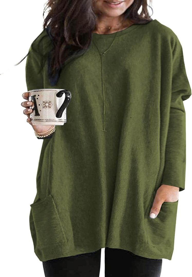 Eytino Womens Plus Size Long Sleeve Tops Crewneck Lightweight Sweatshirt Loose Casual Oversized T Shirts with Pockets, Size: 1X