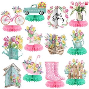 12 Pcs Spring Party Decorations Hello Spring Theme Party Decorations Flower Tulip Honeycomb Table Centerpieces for Home Office Birthday Honeycomb Supplies Decor