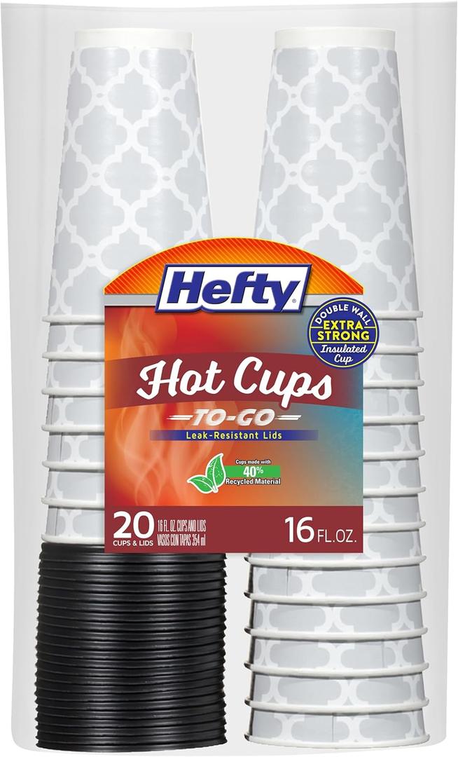 Hefty Paper Disposable Hot Cups with Lids, 16 Ounce, 20 Count