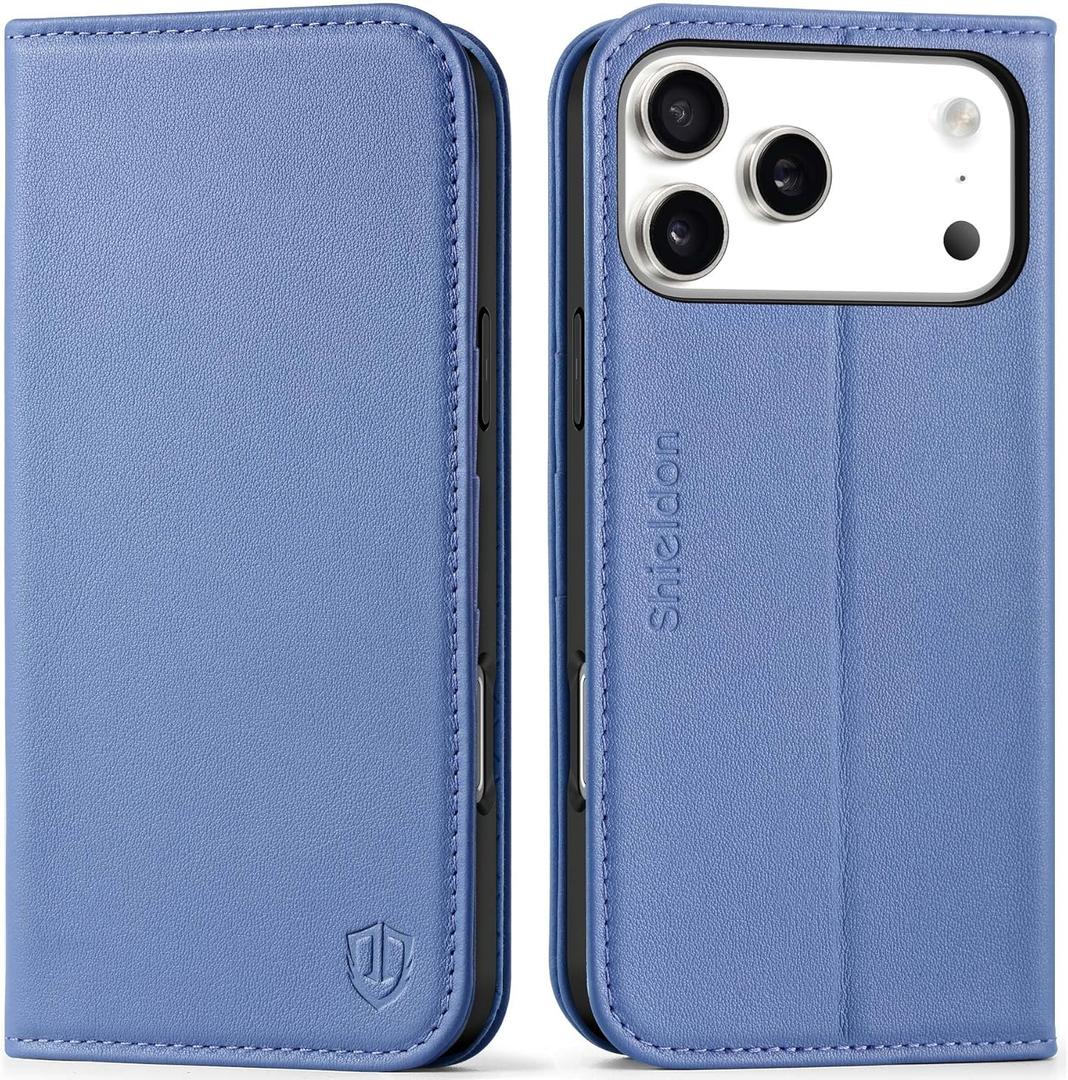 SHIELDON Genuine Leather Case Wallet for iPhone 17 Pro Max 6.9-inch | Folio Magnetic | RFID Blocking Credit Card Holder | Kickstand | Shockproof Phone Cover 2025 | Wisteria Purple