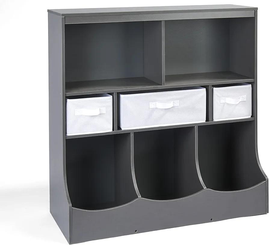 Badger Basket Combo Toy Storage Organizer and Bookshelf - Kids Storage Unit with 3 Removable Baskets, Open Shelves, Top Display Surface - Charcoal