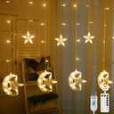 WATERGLIDE 138 LED Star Moon Curtain Decorative Lights, Window Curtain Fairy String Lights, Remote Control & USB Plug, 8 Lighting Modes for Home Holiday Ramadan Christmas Wedding Party, Warm White