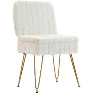 Vanity Chair with Storage, Comfy Ottoman with Folding Back, Faux Fur Vanity Stool with 4 Metal Legs for Make Up, Furry Padded Seat with Anti-Slip Feet for Bedroom Dressing Room