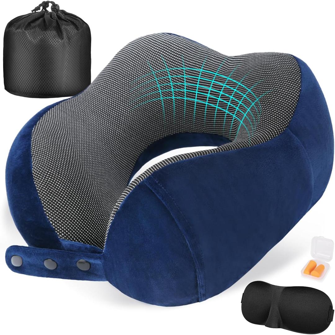 Cirorld Neck Pillow for Traveling, Travel Pillows for Airplanes,100% Pure Memory Foam Travel Neck Pillow, Adjustable Flight Pillow, Portable Plane Accessories with Eye Mask, Earplugs, Carry Bag (Blue)