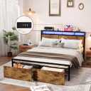 Kiivakii Bed Frame Queen Size with Charged Headboard, Platform Metal Bed with 2 Drawers Storage, RGB LED Lights, Noise-Free No Box Spring Needed, Rustic Brown