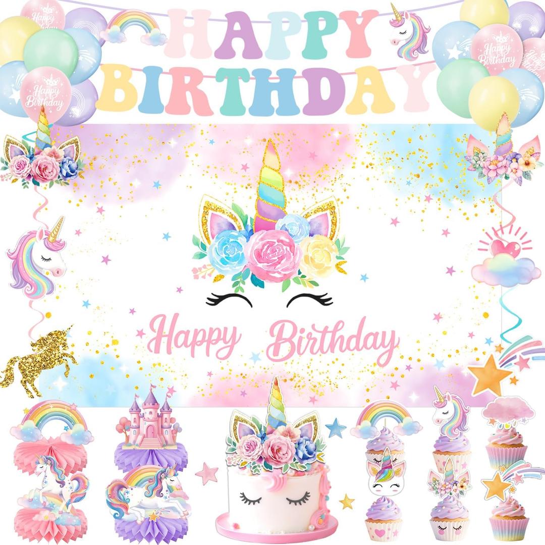 Unicorn Birthday Decorations  Includes Banner, Backdrop, Balloons, Hanging Swirls, Cake & Cupcake Toppers, Honeycomb Centerpieces for Girls & 1st Birthday Unicorn Theme (Pink, Purple, Blue)