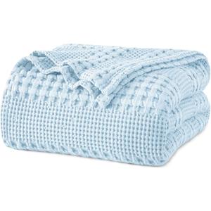 PHF 100% Cotton Waffle Weave Blanket Queen Size for Bed, Soft Lightweight & Breathable, All-Season Comfort, Luxury Aesthetic Woven Bedding for Home Decor, 90"x90", Baby Blue