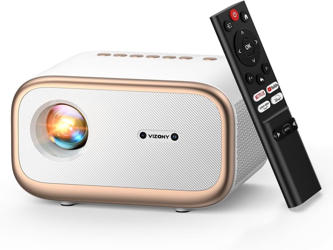 VIZONY Smart Projector with WiFi 6 & Bluetooth, Compatible with Netflix/YouTube/Prime Video Apps, Auto Focus & Keystone, Full-Sealed Optical Engine, Native 1080P (Gold White)