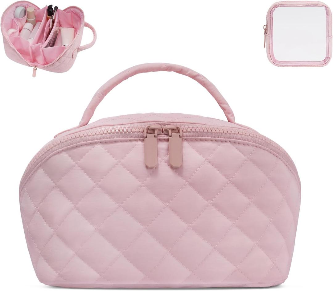 Makeup Bag,Quilted Puffer Cosmetic Bag for Women, 180 Lay-Flat Travel Make up Bag, Waterproof Large Capacity Toiletry Bag with Sturdy Zippers, Portable Makeup Organizer for Travel & Daily Use (EXP 08/25/32)