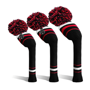 Golf Club Head Covers Knit for Woods Driver Fairway Hybrid Headcovers Knitted Pom Pom Stripes Pattern for Main 3 Wood Clubs 3 Pack