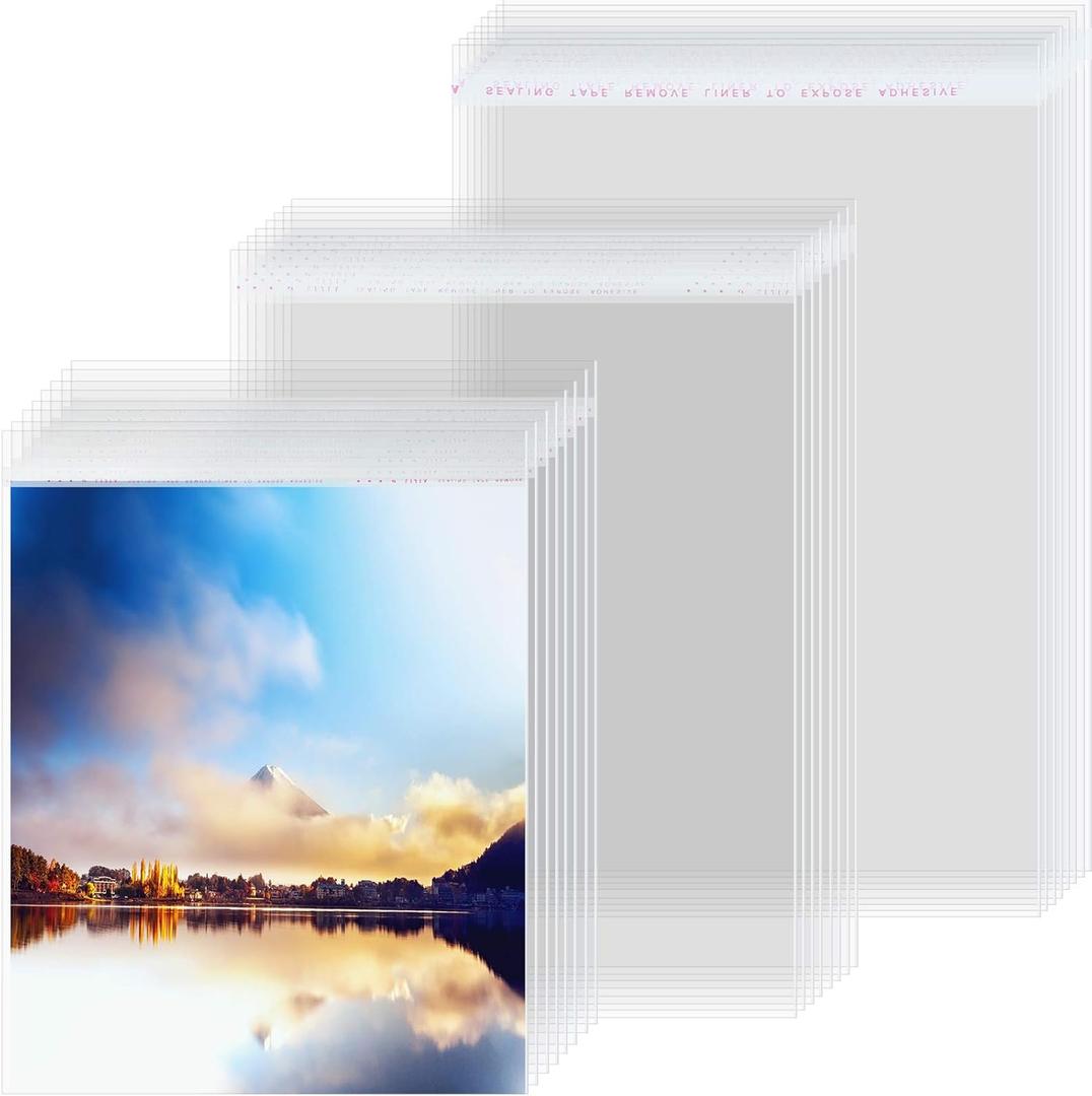 Zonon 120 Pieces Clear Cellophane Bags Self Sealing Clear Sleeves Transparent Sealing Bag for Art Print Photo Framing Mats and Craft Wrapping, 5 x 7 Inch, 8 x 10 Inch, 11 x 14 Inch