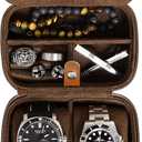 ROTHWELL 2 Watch Travel Case Storage Organizer for 2 Watches | Tough Portable Protection w/Zipper Fits All Wristwatches & Smart Watches Up to 50mm (Tan/Brown - w/ Accessory Lid)