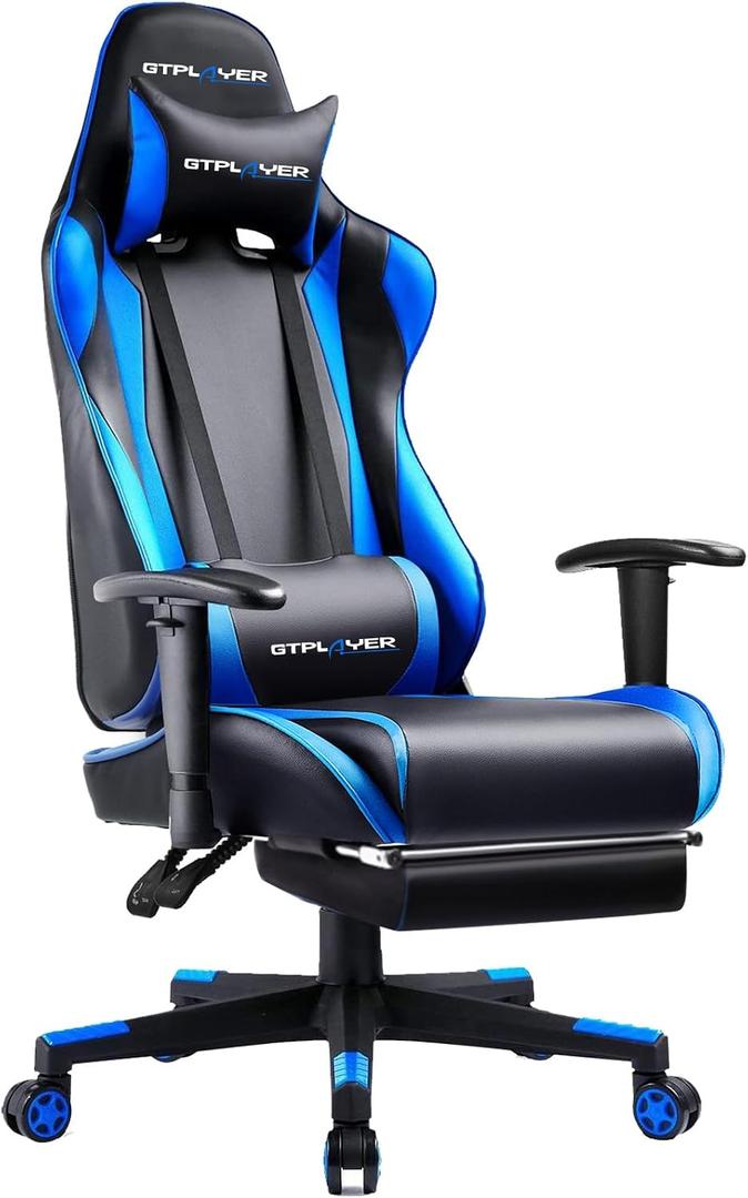 GTPLAYER Gaming Chair with Footrest, Ergonomic Computer Game Desk Chair, Reclining Gamer Chair Seat Height Adjustment, Swivel Rocker with Headrest and Lumbar (Blue), 22 inches x 22 inches x 47 inches
