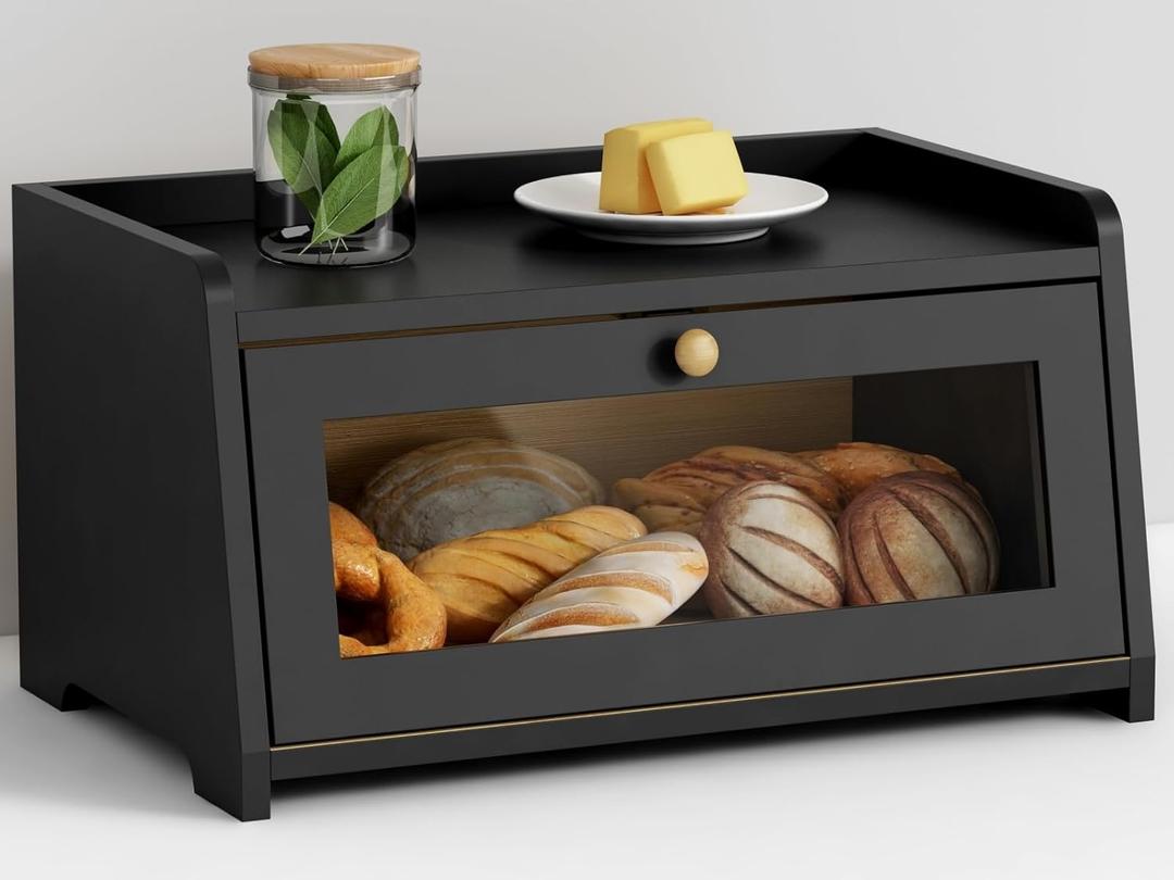 Goozii Black Bread Box for Kitchen Countertop, Small Vintage Counter Top Breadbox, Homemade Bread Storage Container for Sourdough Loaf, Farmhouse Wooden Corner Kitchen Counter Organizer for Cabinet