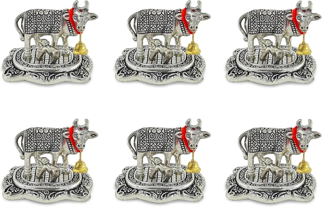 NOBILITY Pooja Items Diwali Gift Silver Antique Small Kamdhenu Cow with Calf Metal Statue Decorative Item Showpiece for Home Office Decoration Wedding Return Gifts Pack of 6